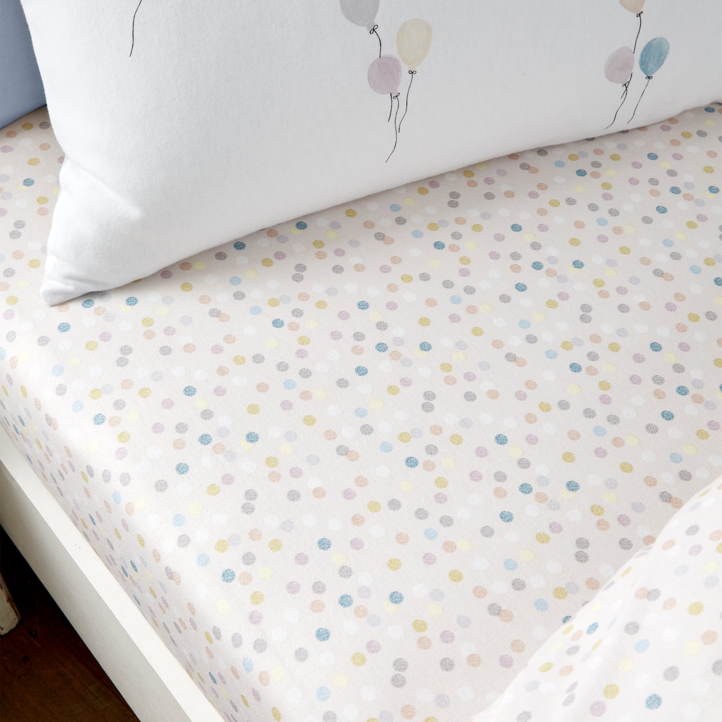 Brushed Balloons Spot Cotton Fitted Sheet in White by Bianca Kids