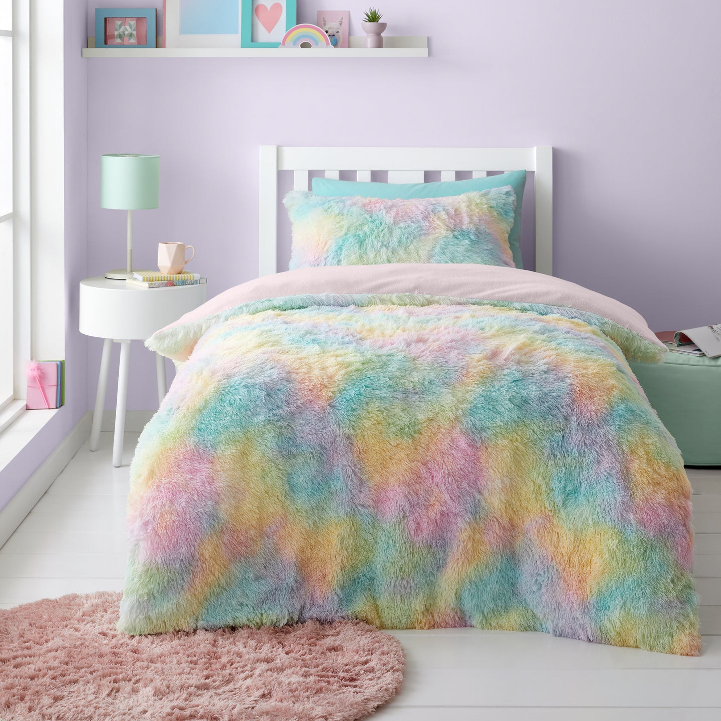 Rainbow Cuddly Deep Pile Faux Fur Duvet Cover Set in Pastel by Catherine Lansfield