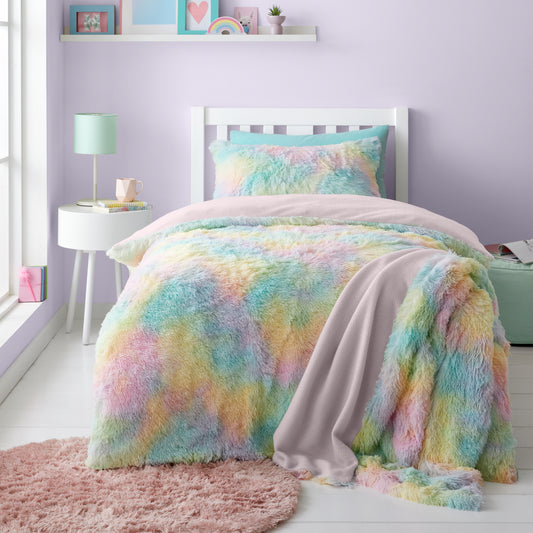 Rainbow Cuddly Deep Pile Faux Fur Duvet Cover Set in Pastel by Catherine Lansfield