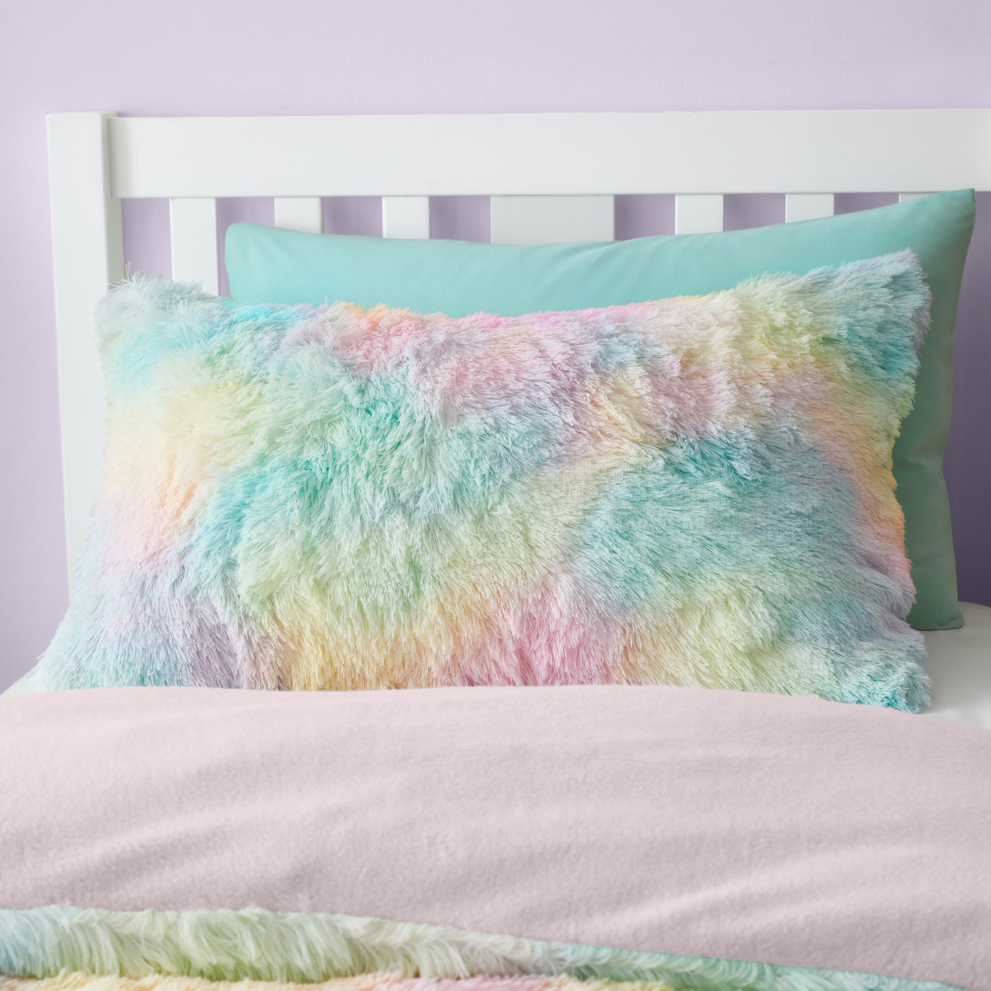 Rainbow Cuddly Deep Pile Faux Fur Duvet Cover Set in Pastel by Catherine Lansfield