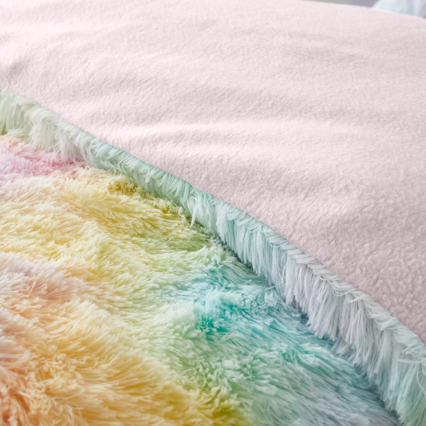 Rainbow Cuddly Deep Pile Faux Fur Duvet Cover Set in Pastel by Catherine Lansfield