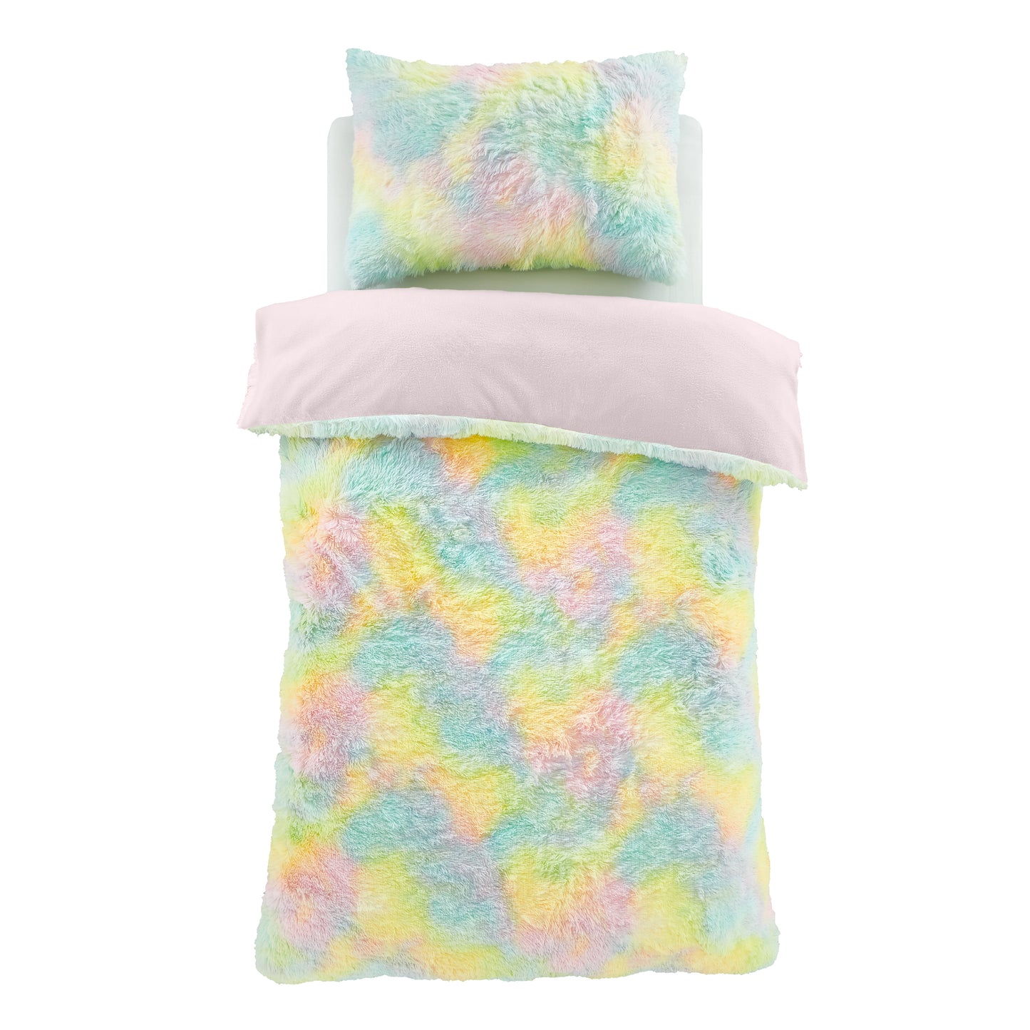 Rainbow Cuddly Deep Pile Faux Fur Duvet Cover Set in Pastel by Catherine Lansfield