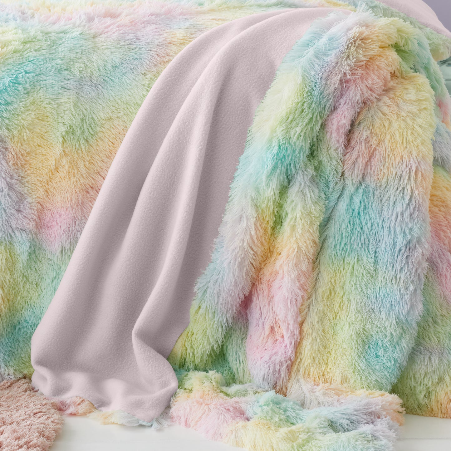 Cuddly Rainbow Deep Pile Faux Blanket Throw in Pastel by Catherine Lansfield