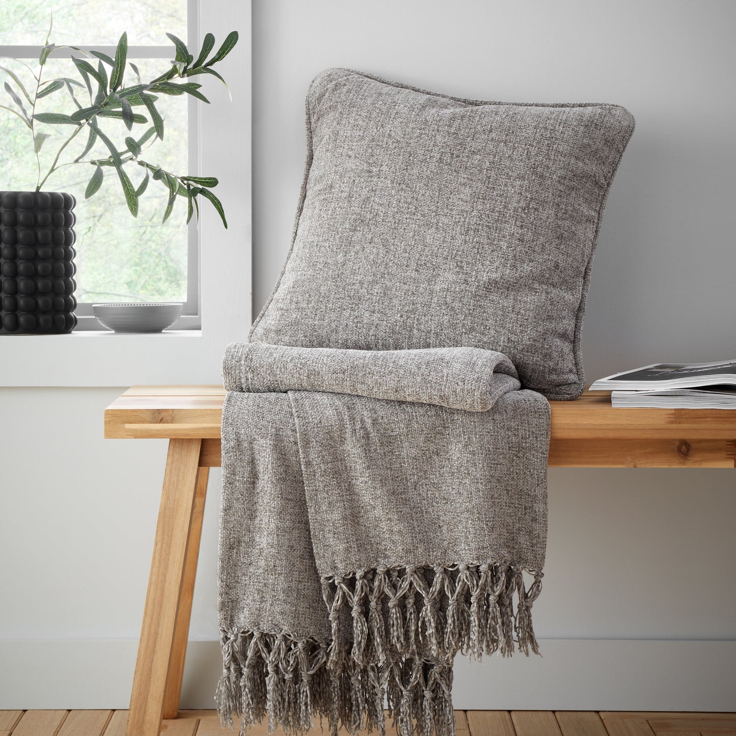 Wilson Plain Chenille Filled Cushion in Grey by Catherine Lansfield