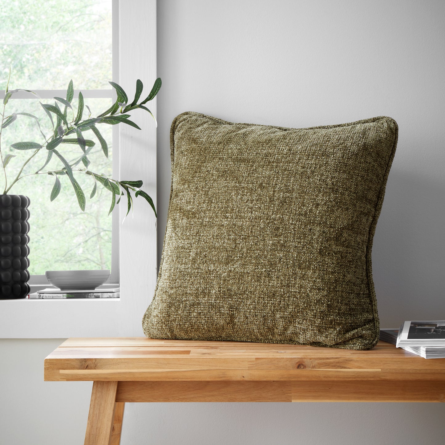 Wilson Plain Chenille Filled Cushion in Olive Green by Catherine Lansfield