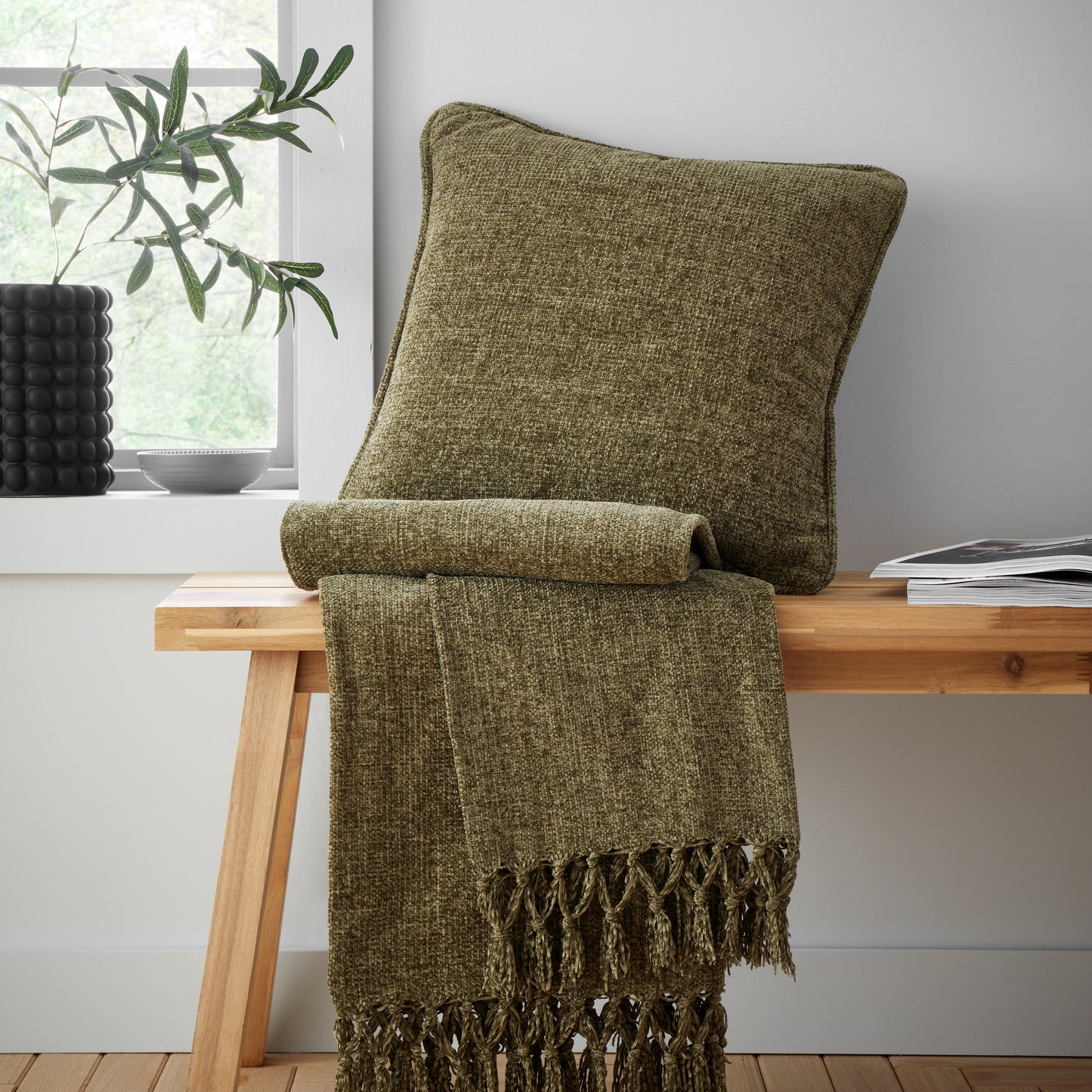 Wilson Plain Chenille Filled Cushion in Olive Green by Catherine Lansfield