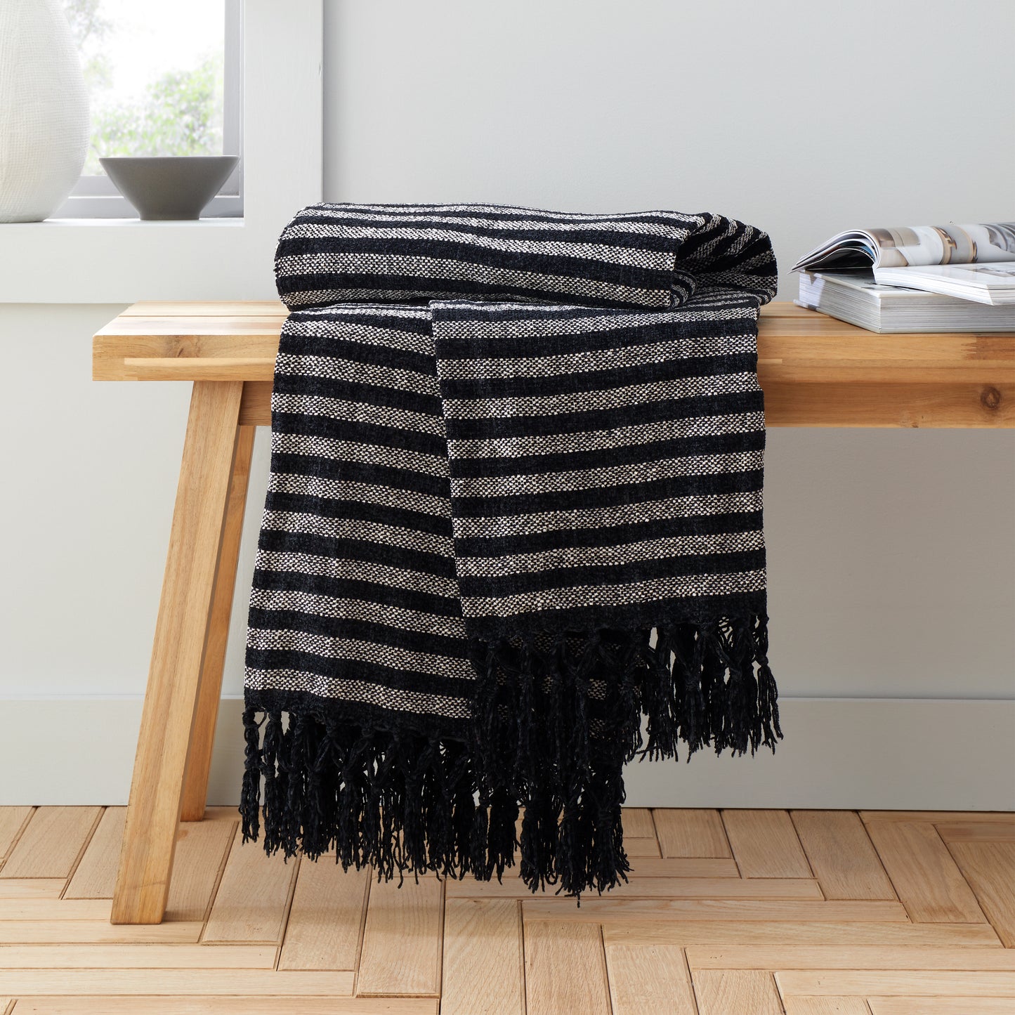 Stripe Chenille Blanket Throw in Black by Catherine Lansfield