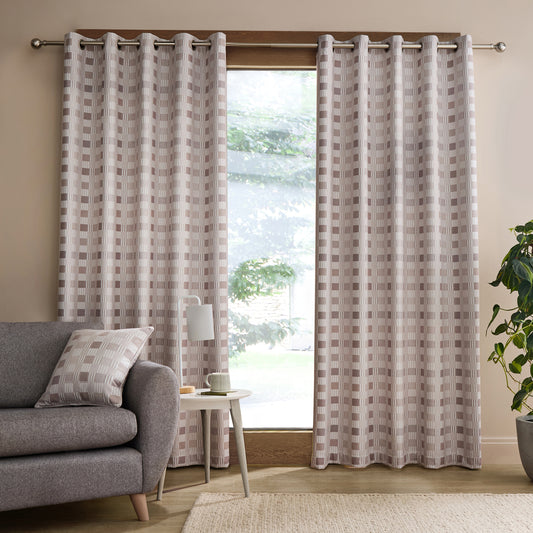 Wilson Check Blackout Thermal Eyelet Curtains in Natural by Catherine Lansfield