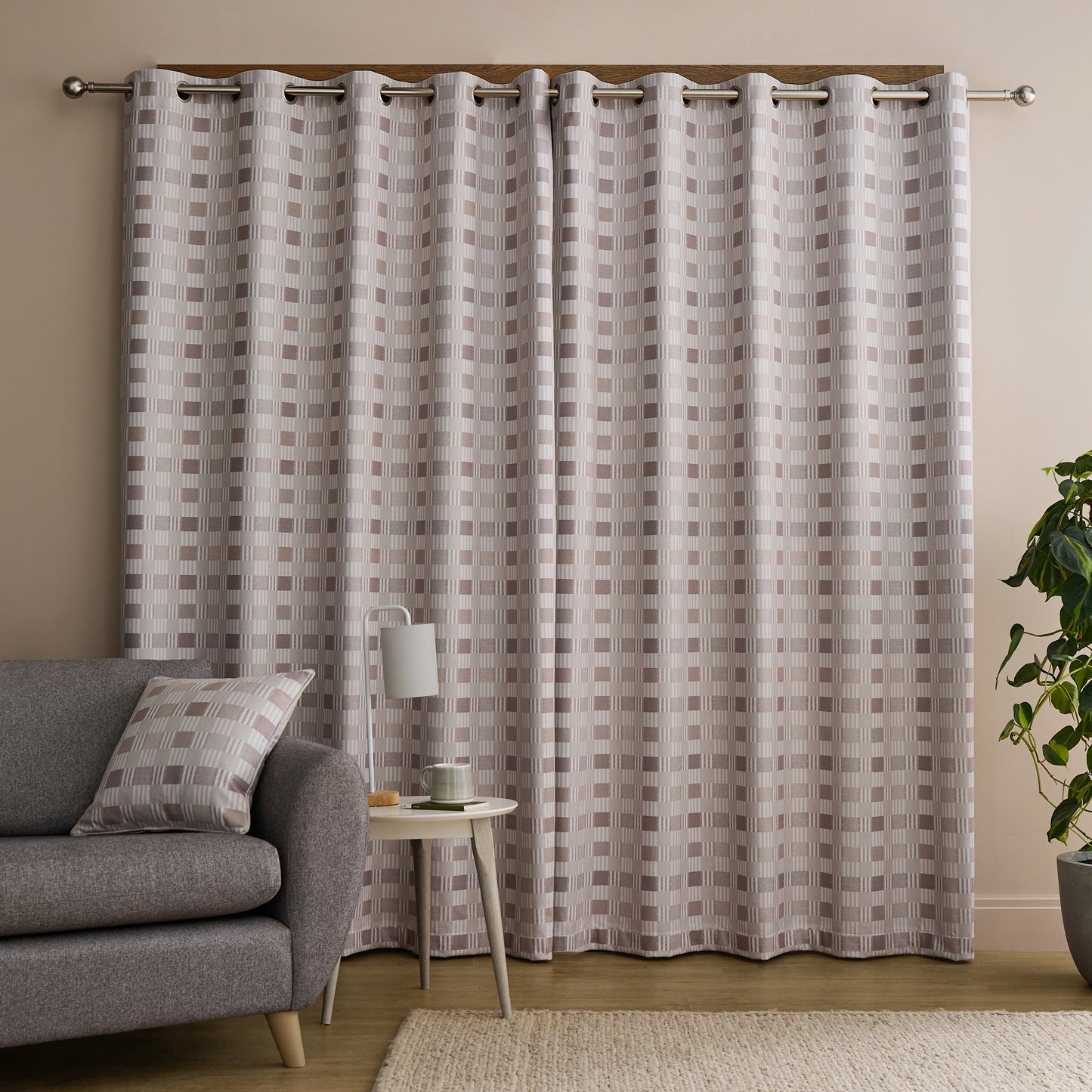 Wilson Check Blackout Thermal Eyelet Curtains in Natural by Catherine Lansfield