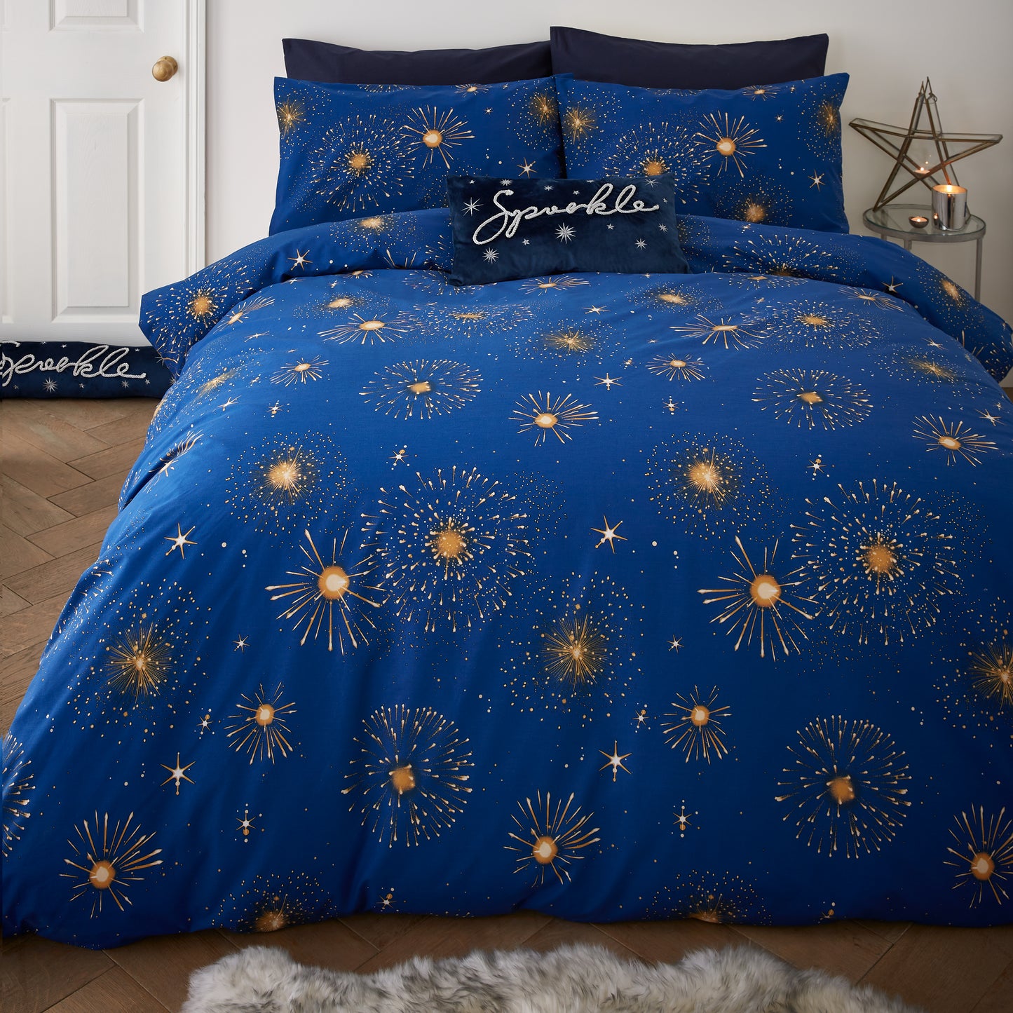 Christmas Sparkle Reversible Duvet Cover Set in Navy Blue by Catherine Lansfield