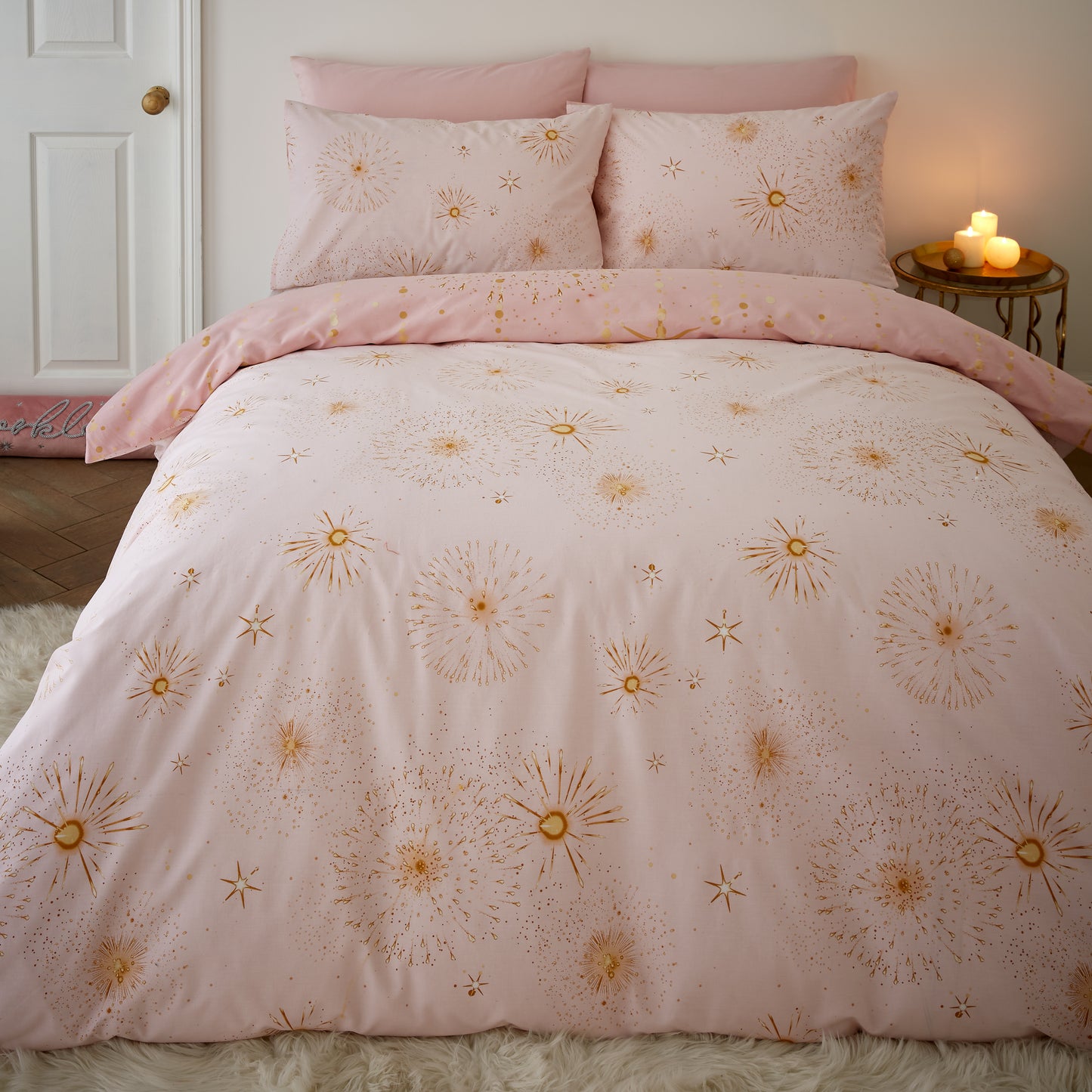 Christmas Sparkle Reversible Duvet Cover Set in Blush Pink by Catherine Lansfield