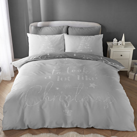 A Lot Like Christmas Reversible Duvet Cover Set in Grey by Catherine Lansfield