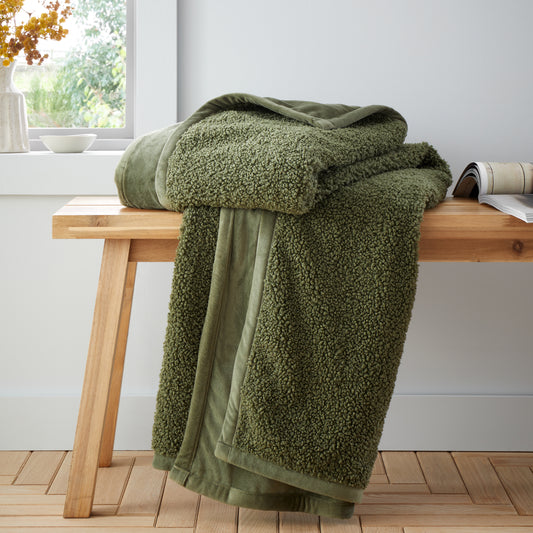 So Soft Velvet Boucle Blanket Throw in Olive by Catherine Lansfield