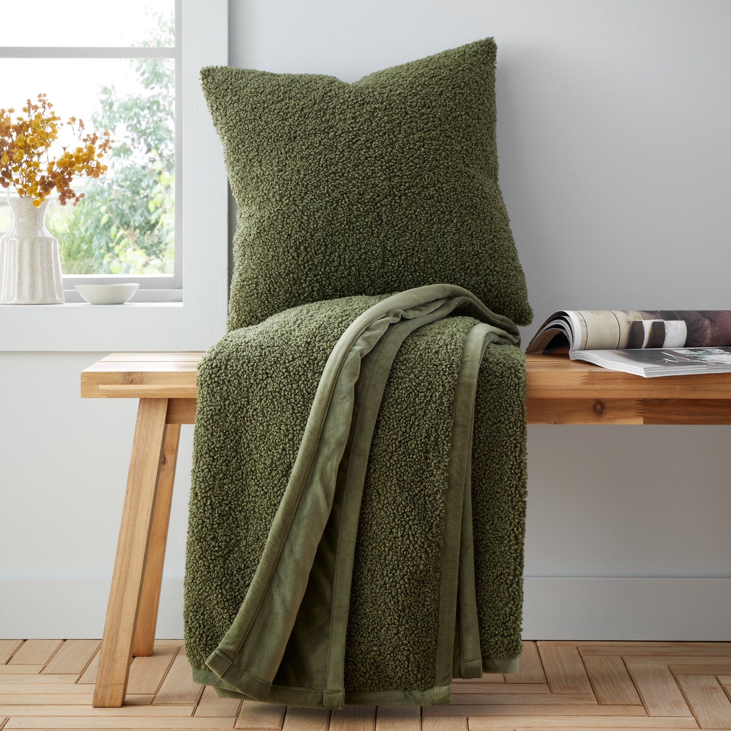 So Soft Velvet Boucle Blanket Throw in Olive by Catherine Lansfield