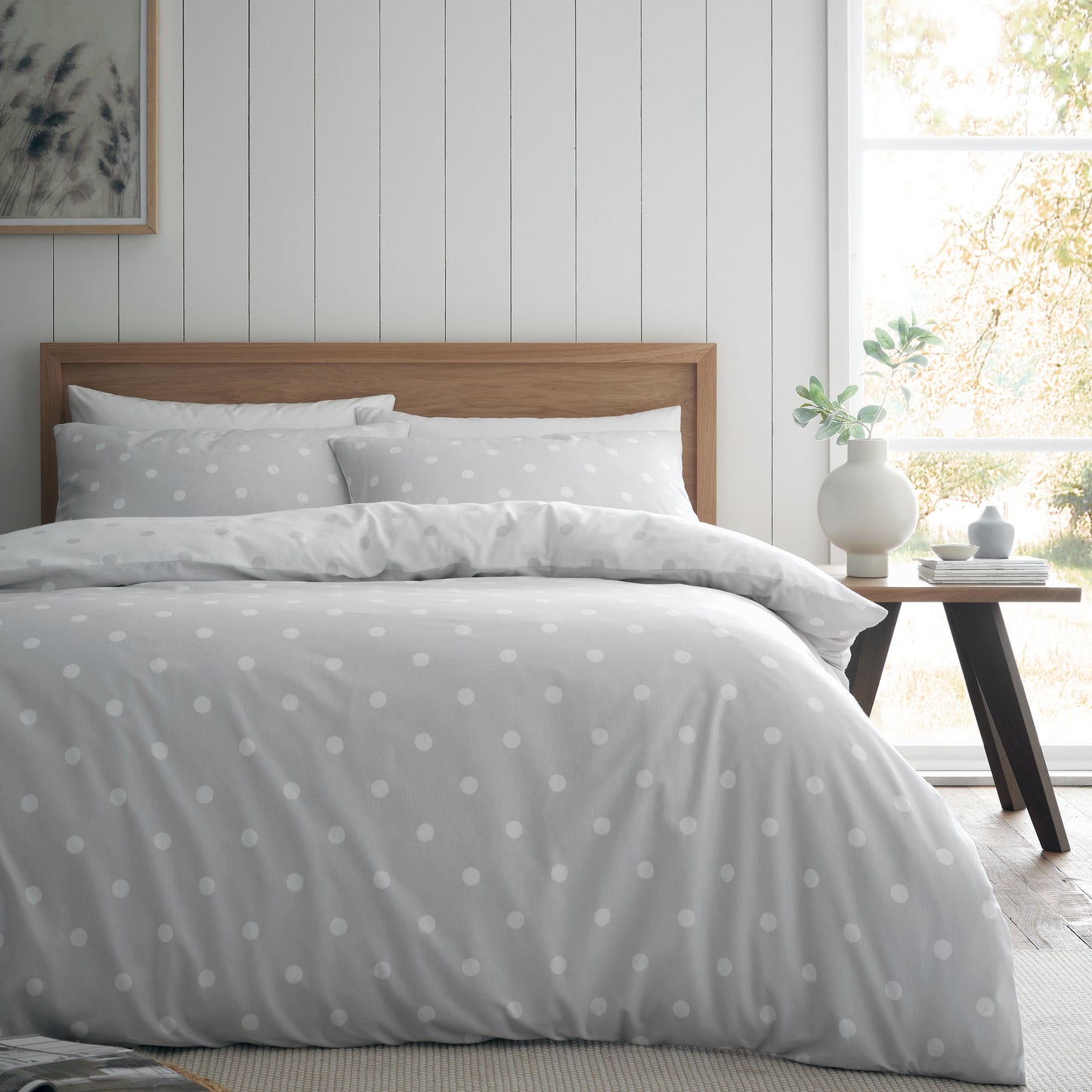 Brushed Polka Dot Cotton Reversible Duvet Cover Set in Grey by Catherine Lansfield