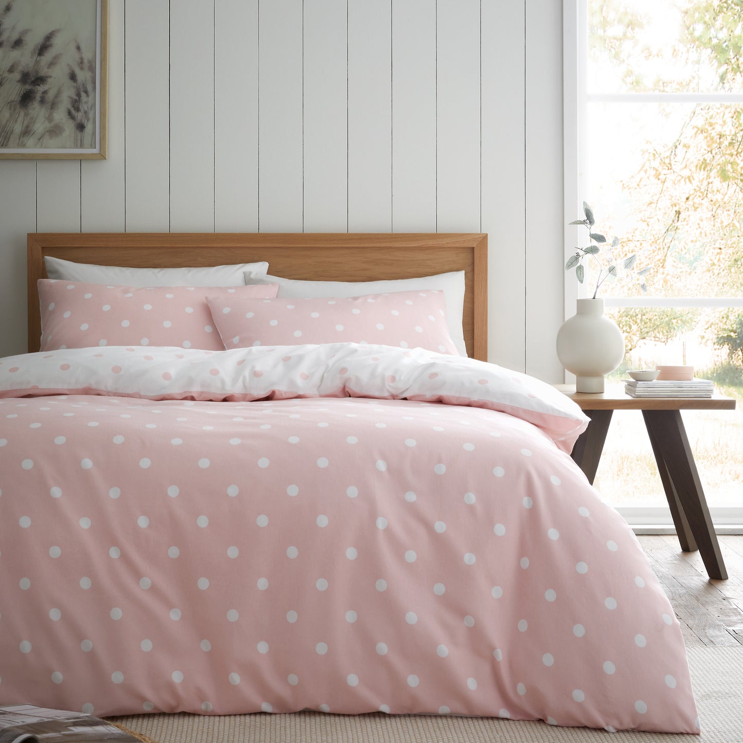 Brushed Polka Dot Cotton Reversible Duvet Cover Set in Pink by Catherine Lansfield