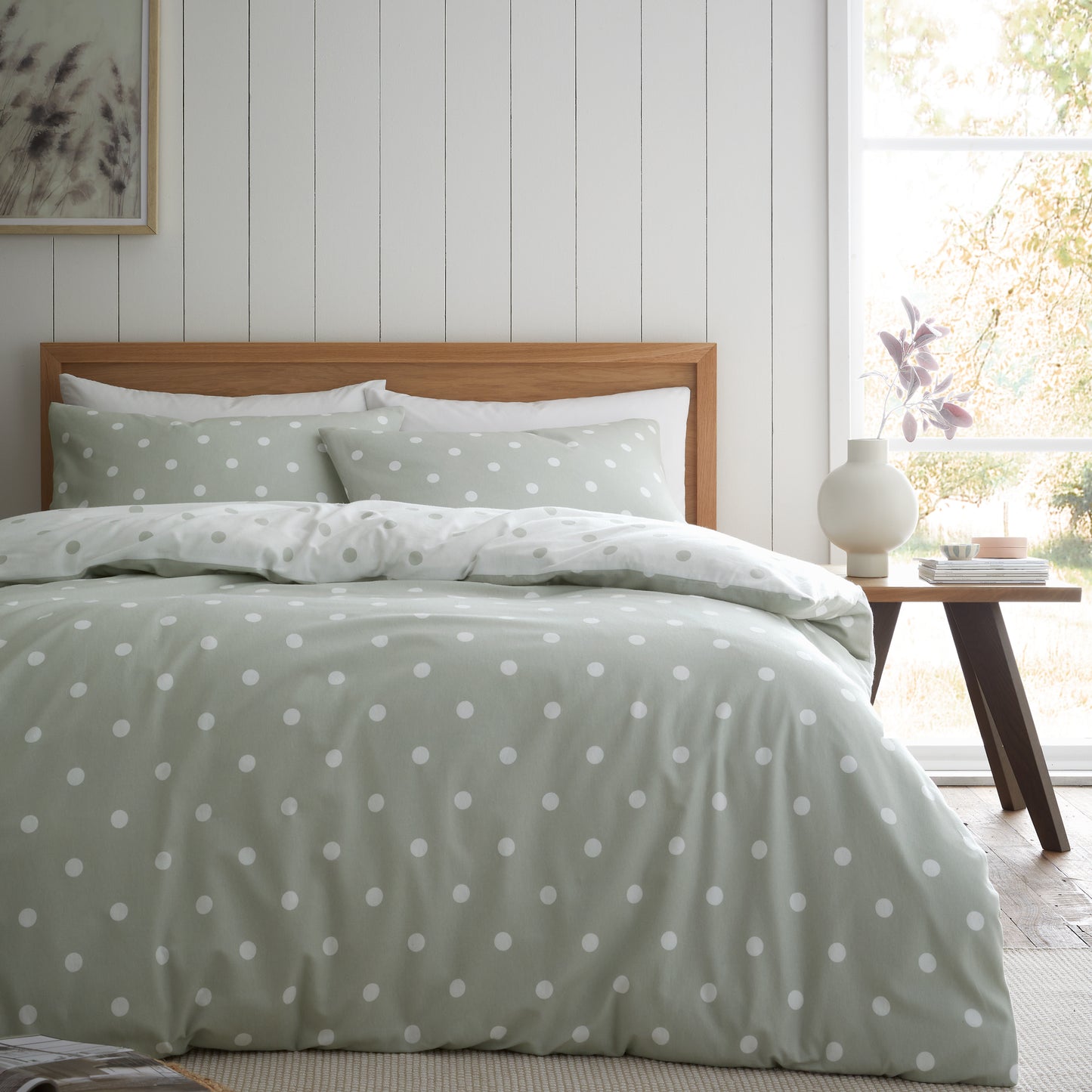 Brushed Polka Dot Cotton Reversible Duvet Cover Set in Green by Catherine Lansfield