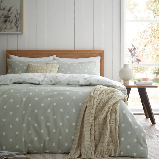 Brushed Polka Dot Cotton Reversible Duvet Cover Set in Green by Catherine Lansfield