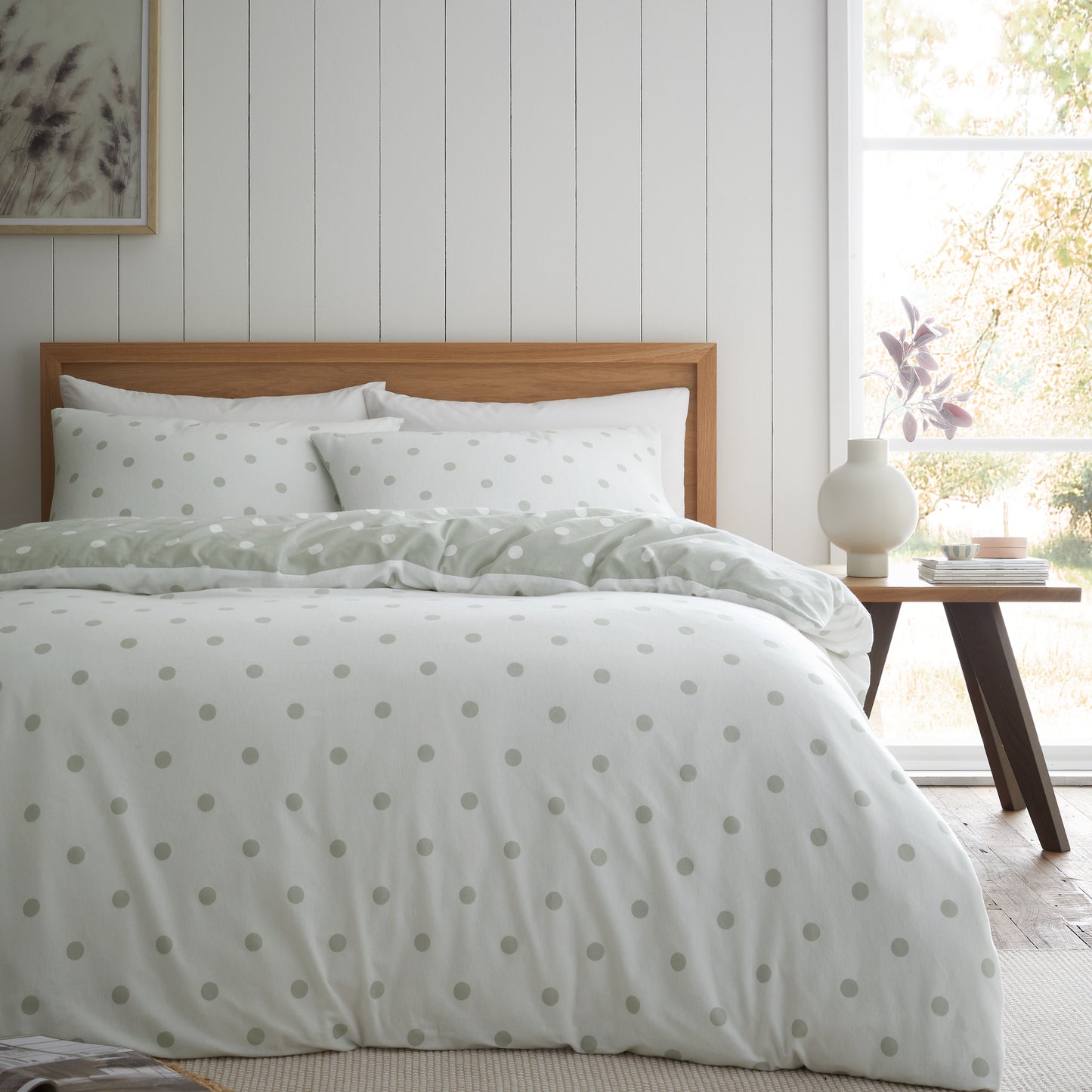 Brushed Polka Dot Cotton Reversible Duvet Cover Set in Green by Catherine Lansfield