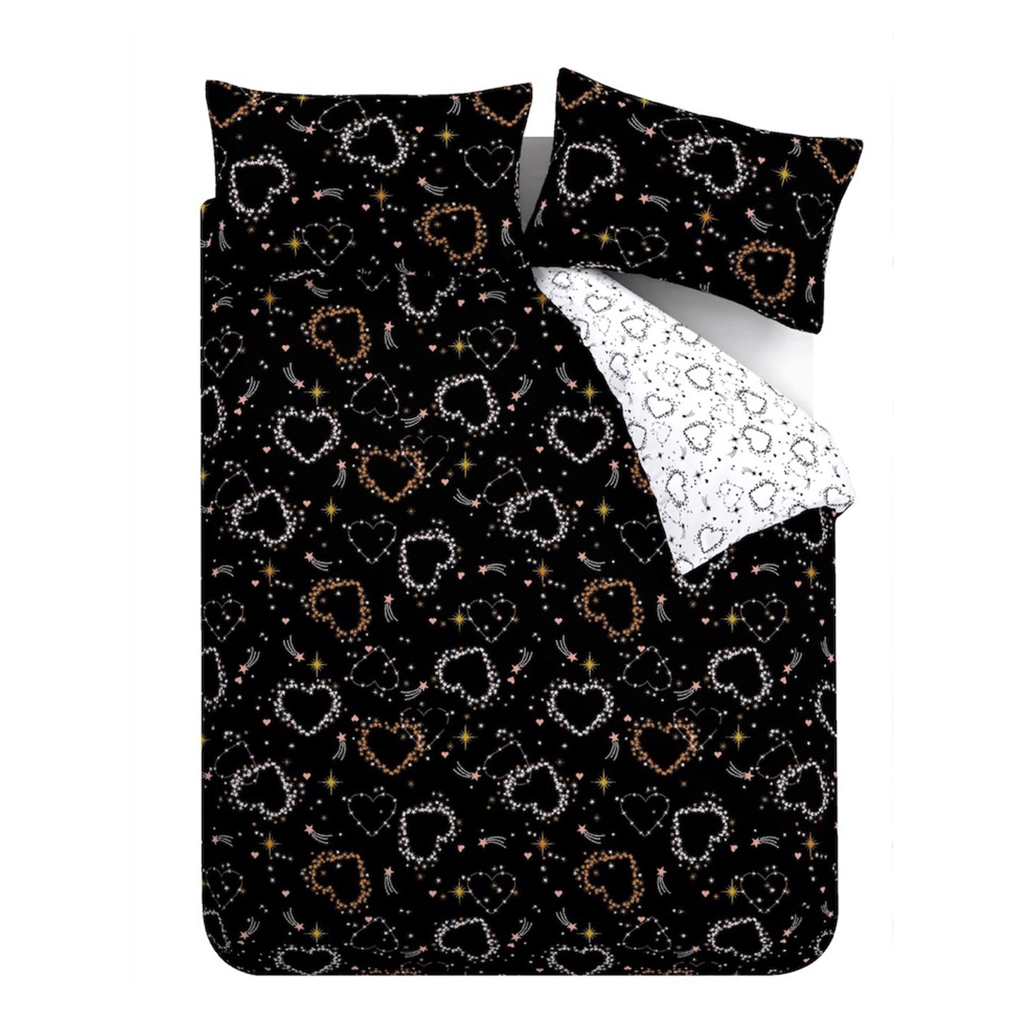 Cosmic Hearts and Stars Reversible Duvet Cover Set in Black by Catherine Lansfield