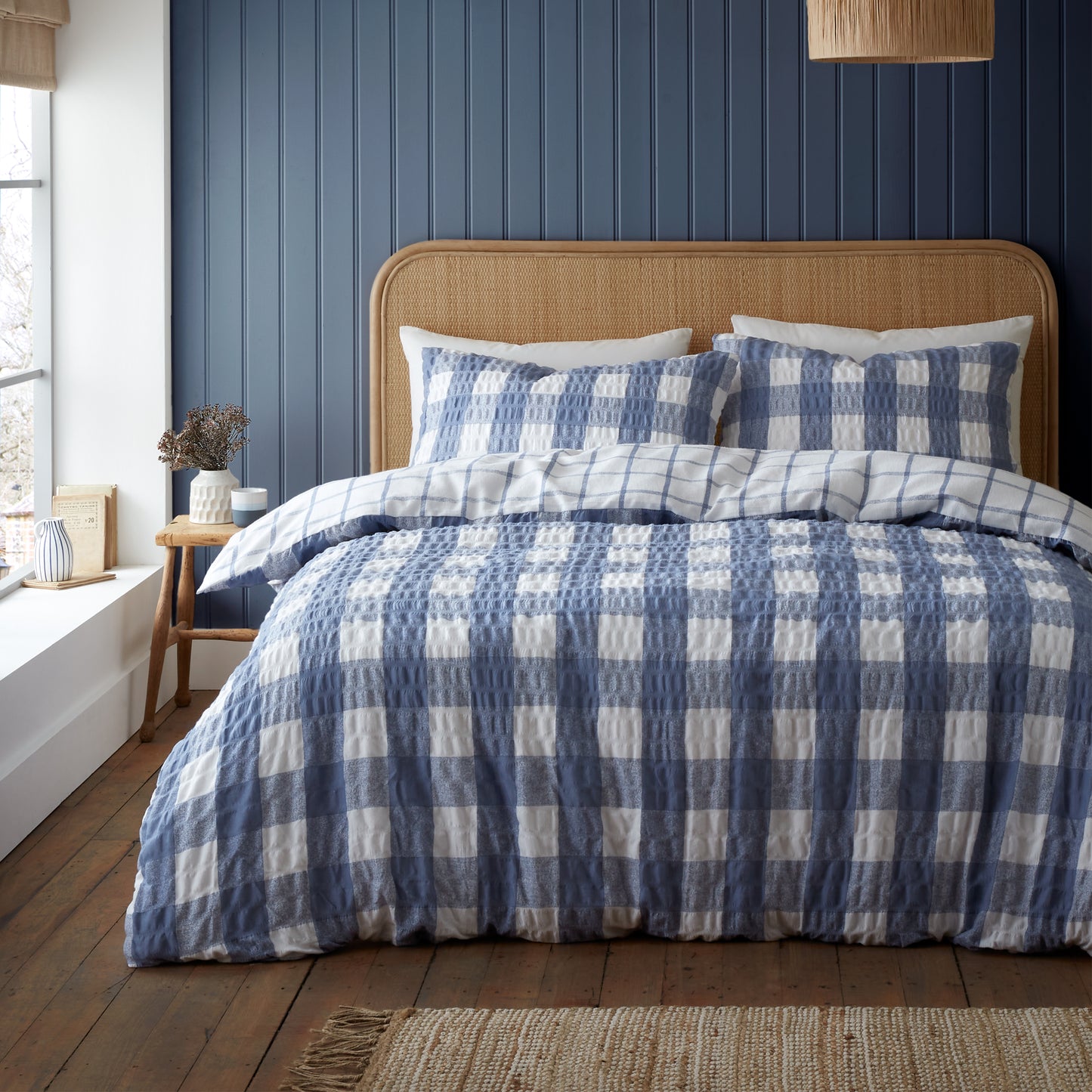 Brushed Seersucker Gingham Reversible Duvet Cover Set in Blue by Catherine Lansfield