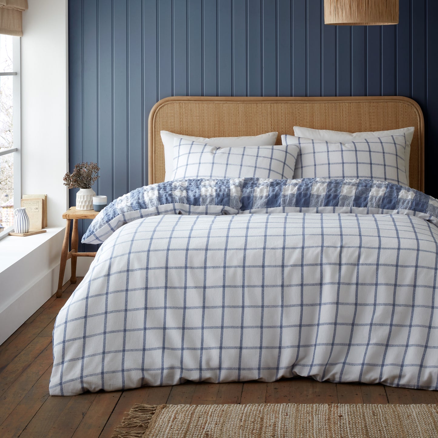 Brushed Seersucker Gingham Reversible Duvet Cover Set in Blue by Catherine Lansfield