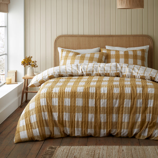 Brushed Seersucker Gingham Reversible Duvet Cover Set in Caramel by Catherine Lansfield