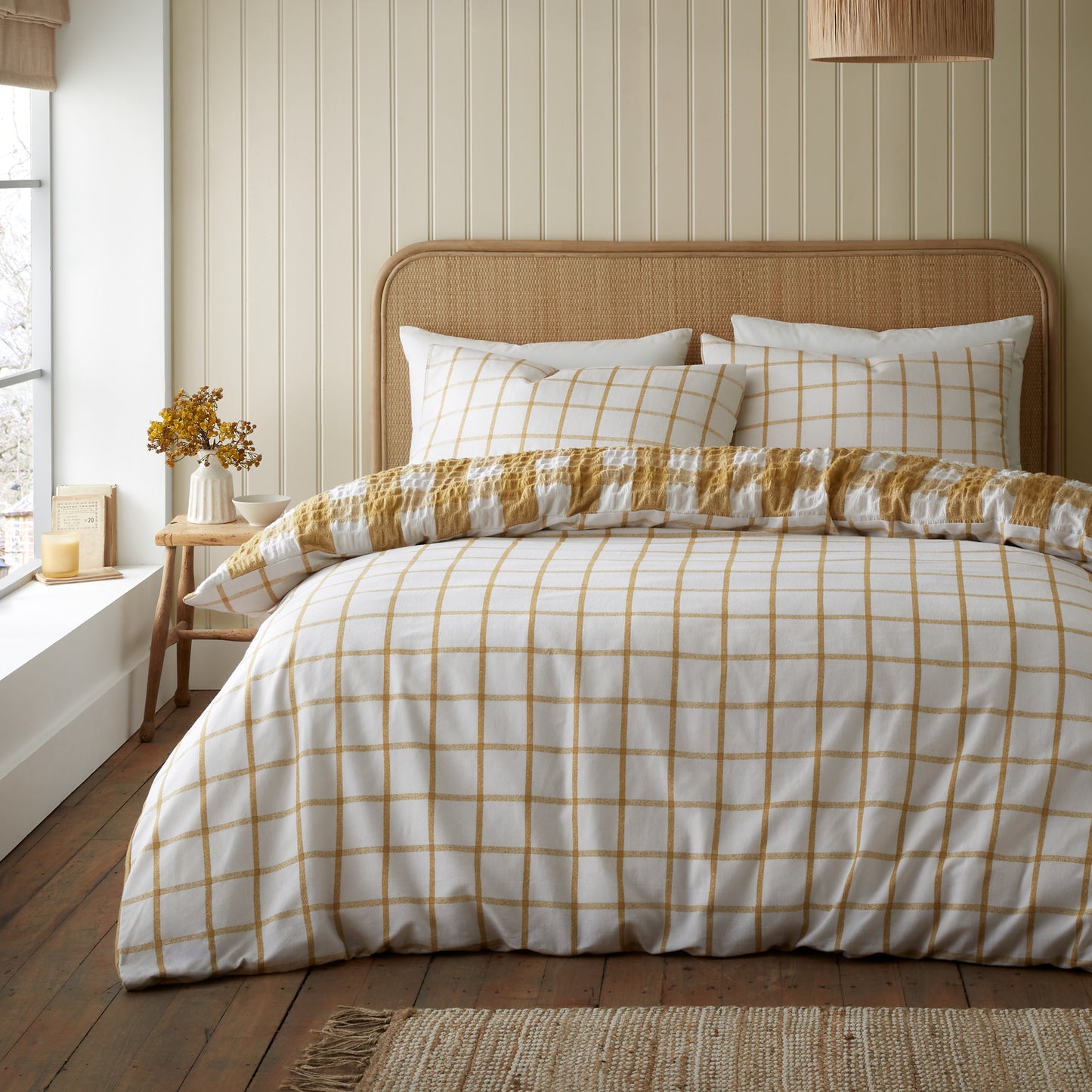 Brushed Seersucker Gingham Reversible Duvet Cover Set in Caramel by Catherine Lansfield