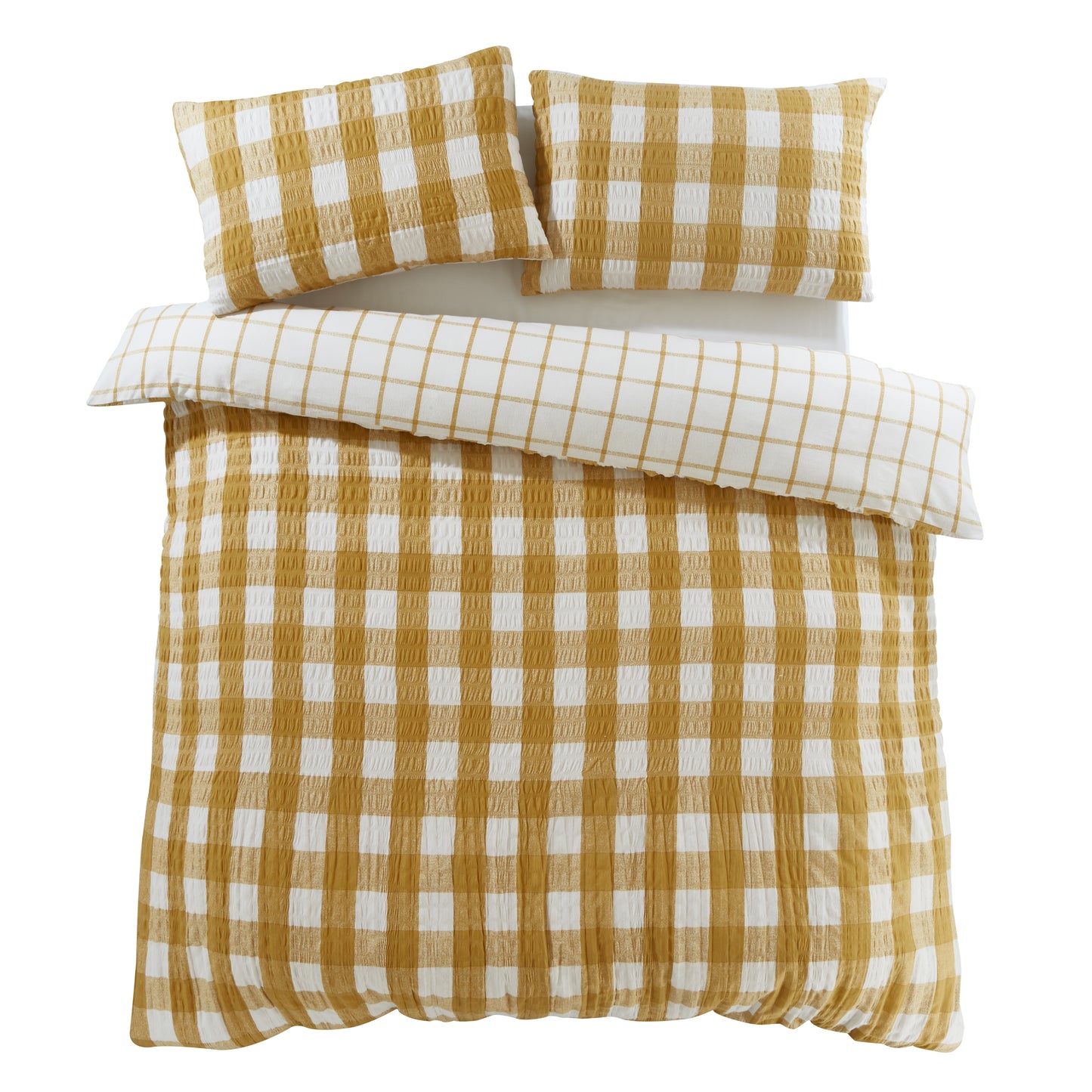 Brushed Seersucker Gingham Reversible Duvet Cover Set in Caramel by Catherine Lansfield