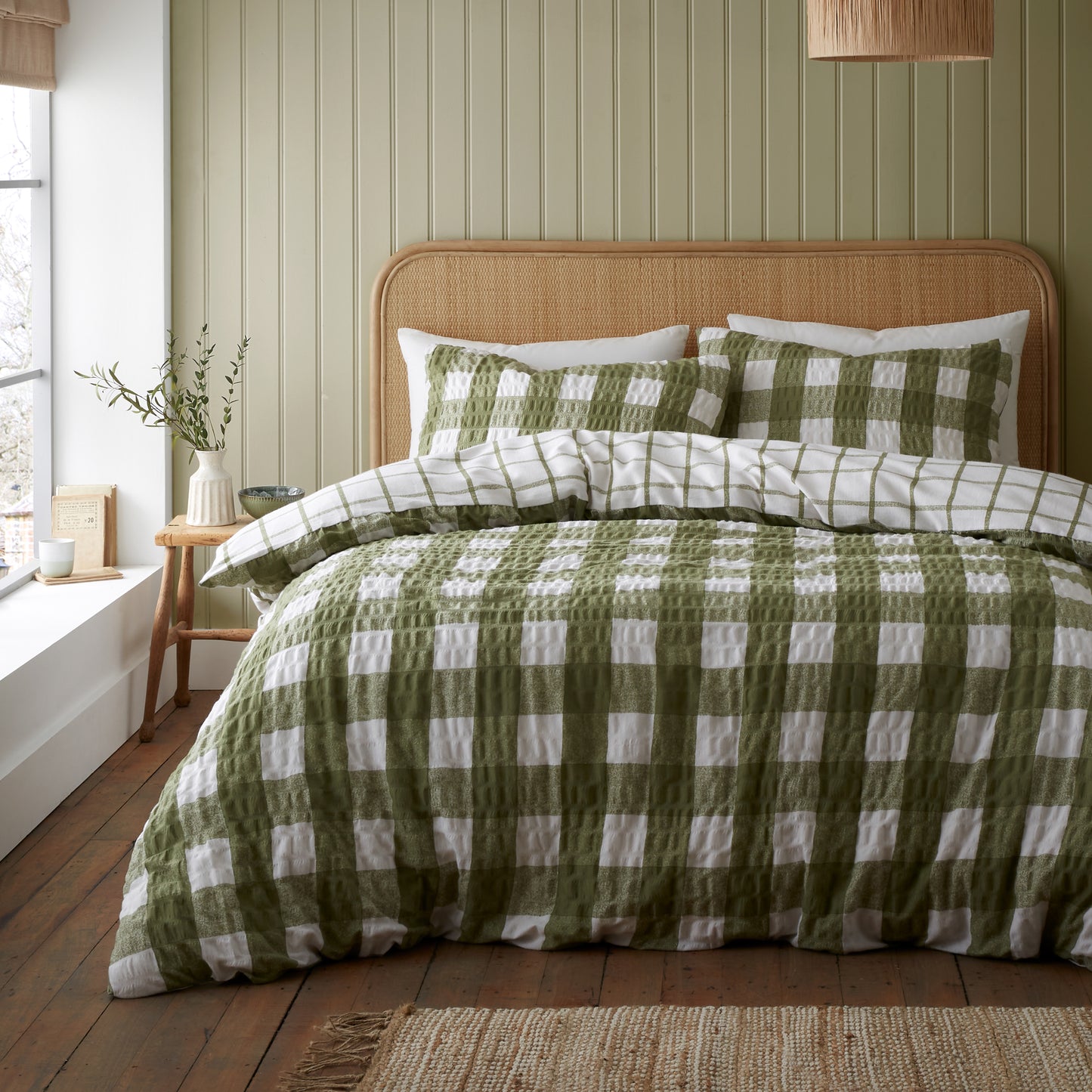 Brushed Seersucker Gingham Reversible Duvet Cover Set in Olive Green by Catherine Lansfield