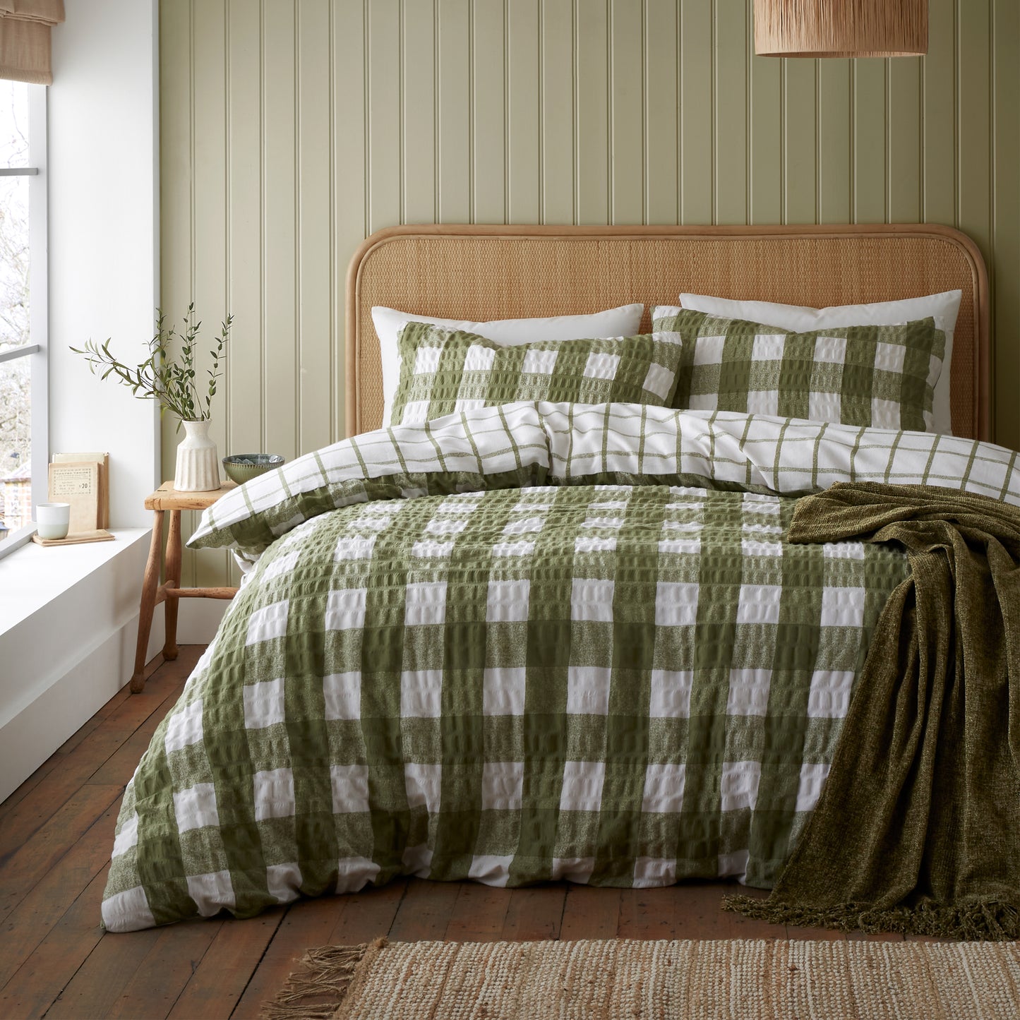 Brushed Seersucker Gingham Reversible Duvet Cover Set in Olive Green by Catherine Lansfield