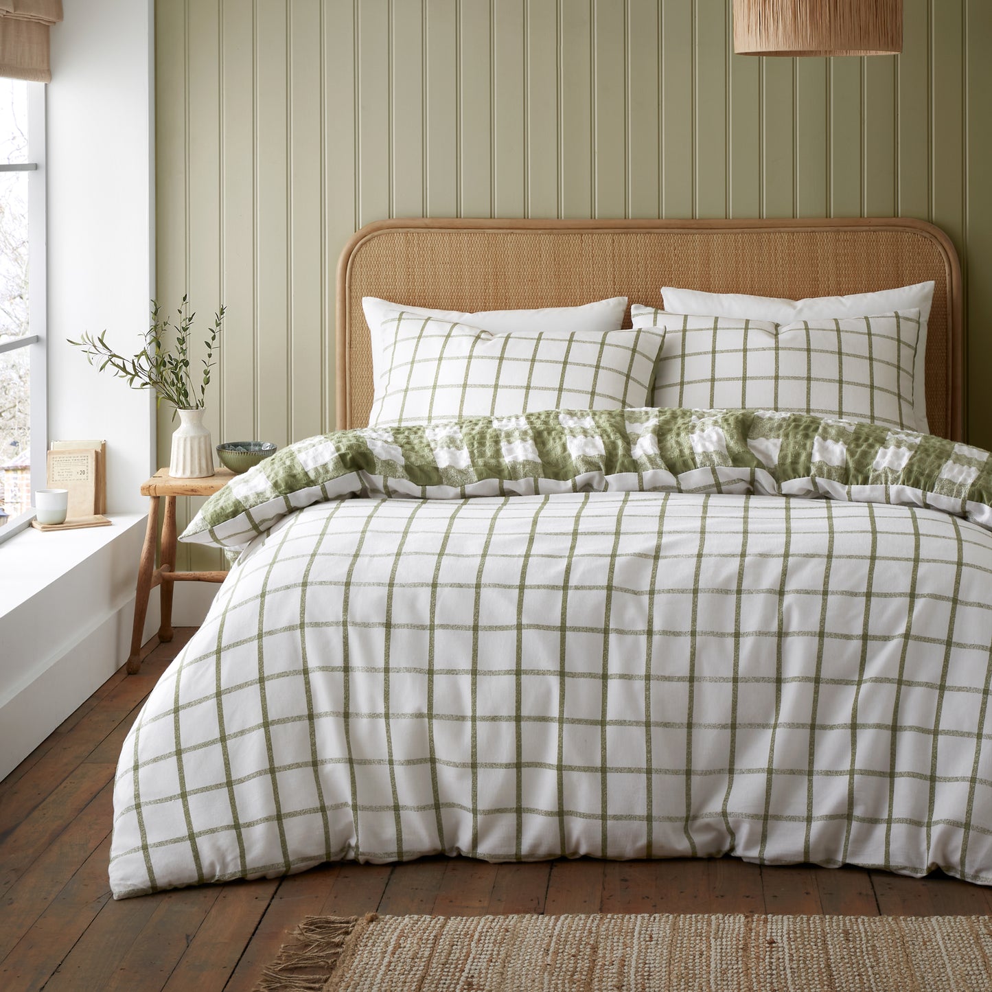 Brushed Seersucker Gingham Reversible Duvet Cover Set in Olive Green by Catherine Lansfield