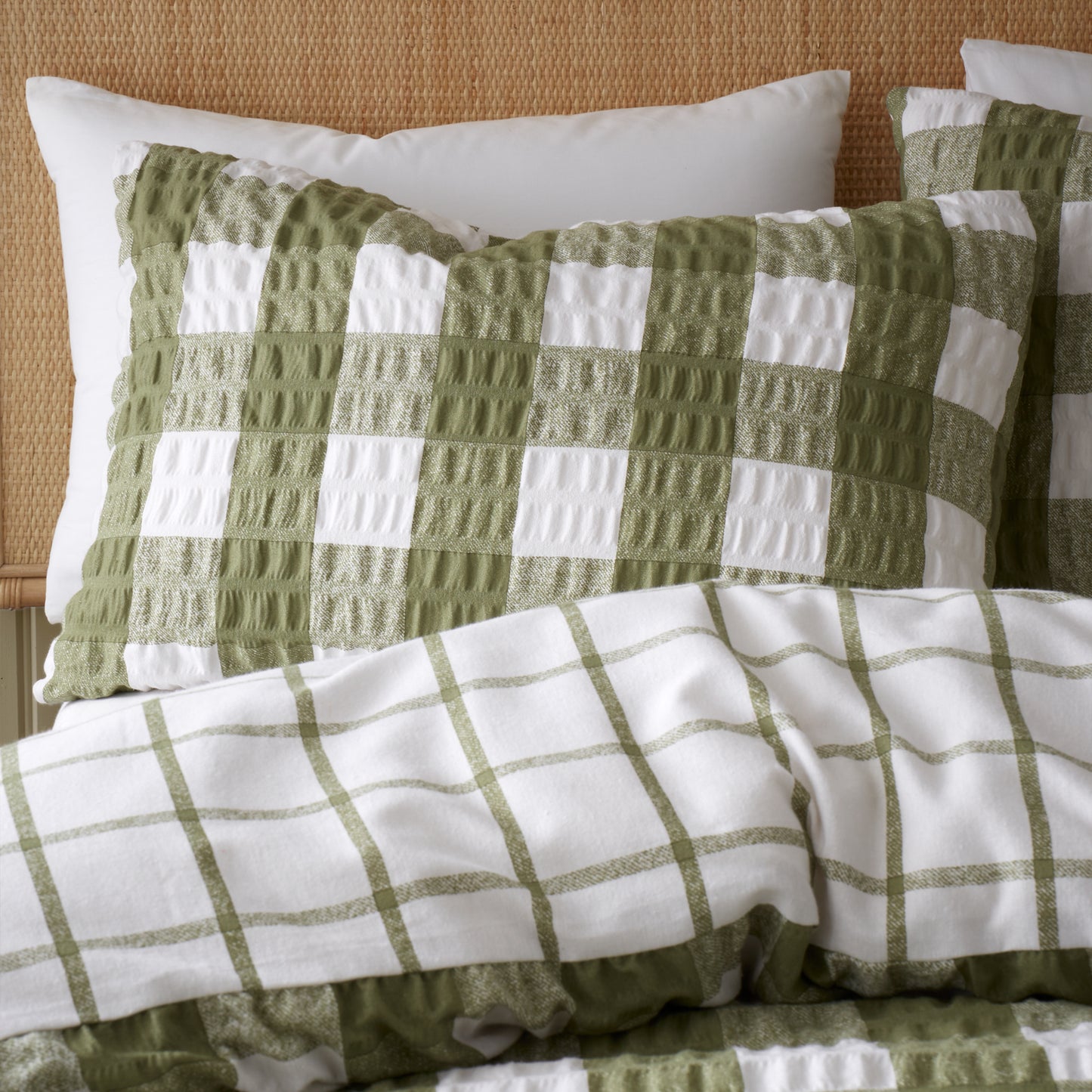 Brushed Seersucker Gingham Reversible Duvet Cover Set in Olive Green by Catherine Lansfield