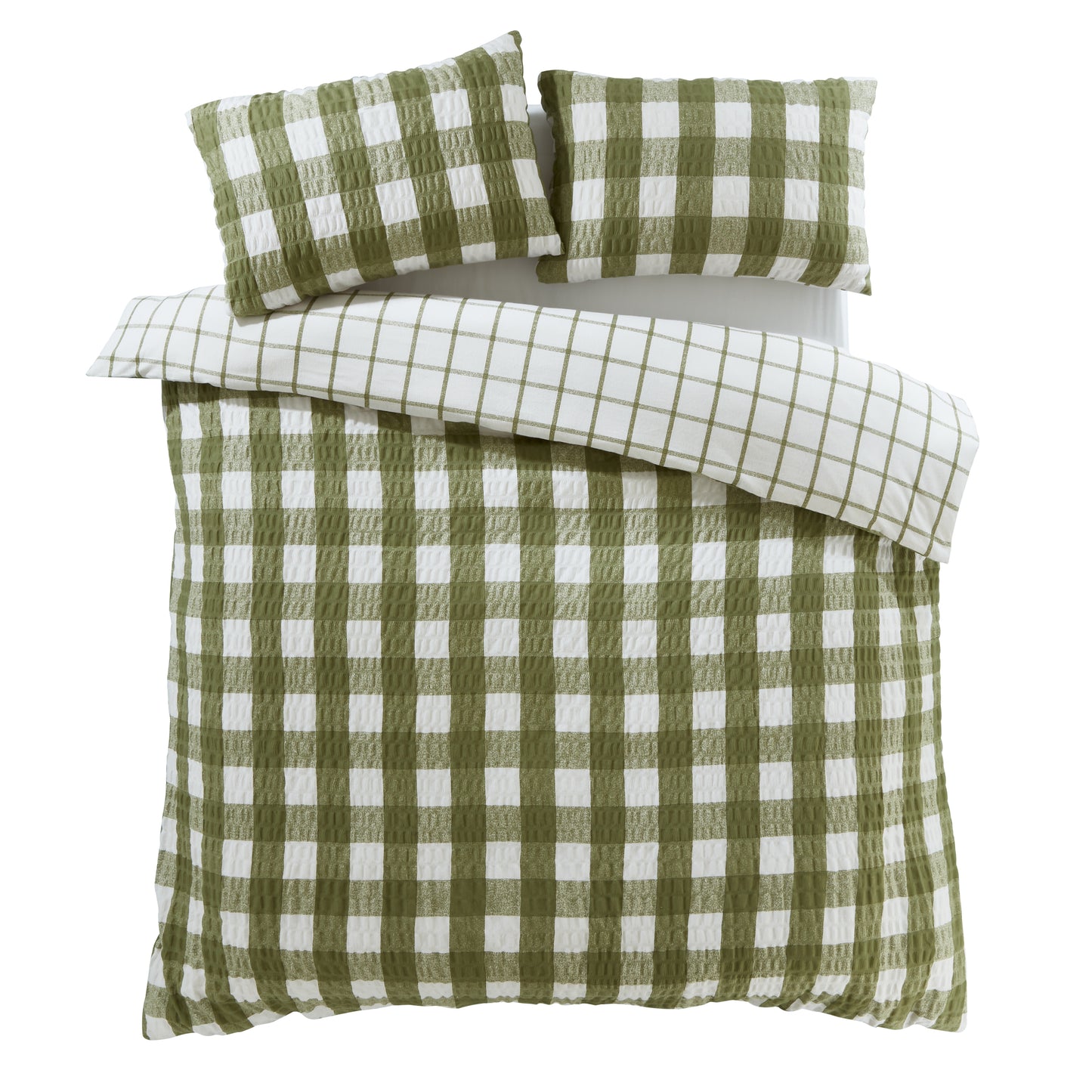 Brushed Seersucker Gingham Reversible Duvet Cover Set in Olive Green by Catherine Lansfield