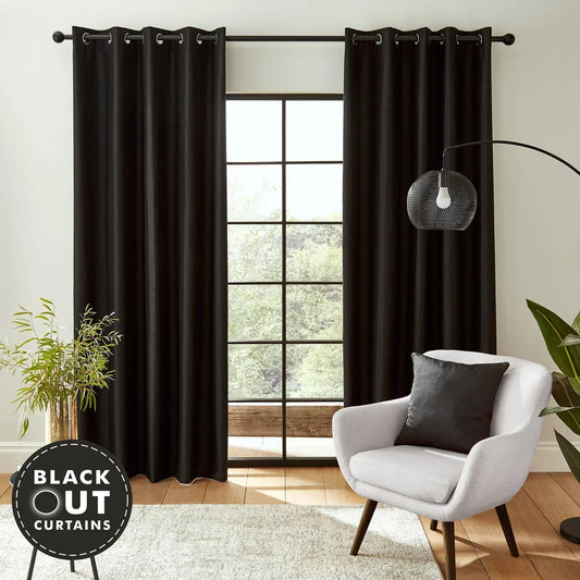 Black Faux Silk Blackout Eyelet Curtains - Catherine Lansfield