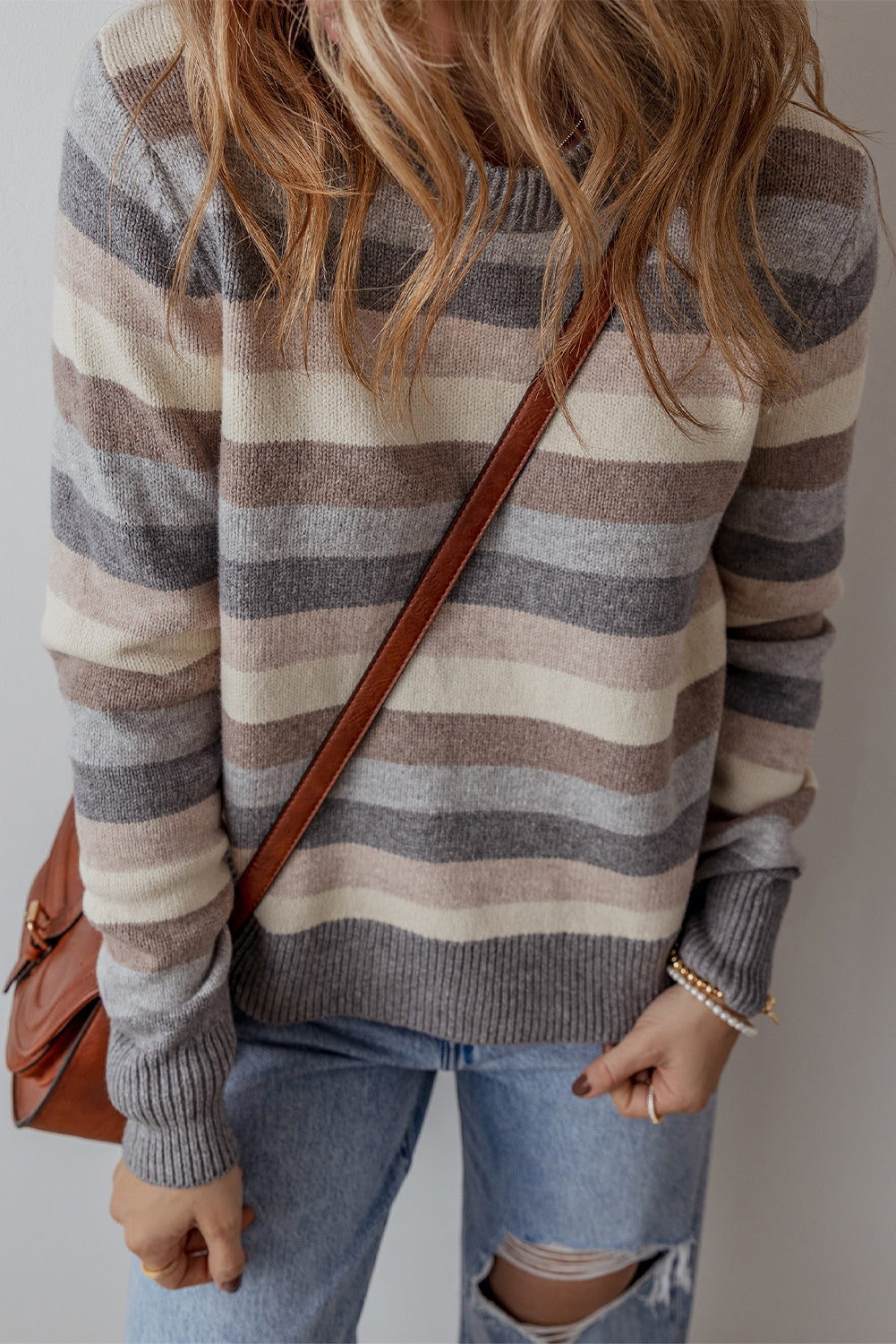 Grey Striped Ribbed Edge Round Neck Sweater