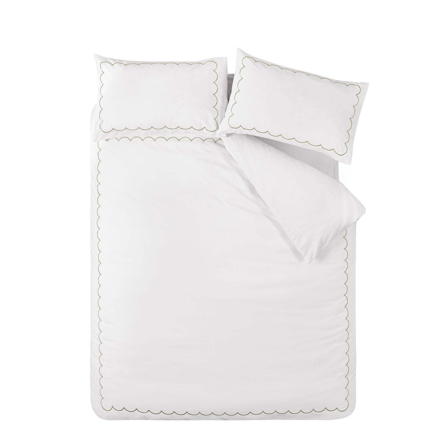 Scallop Border Embroidery Duvet Cover Set in White / Green by Catherine Lansfield