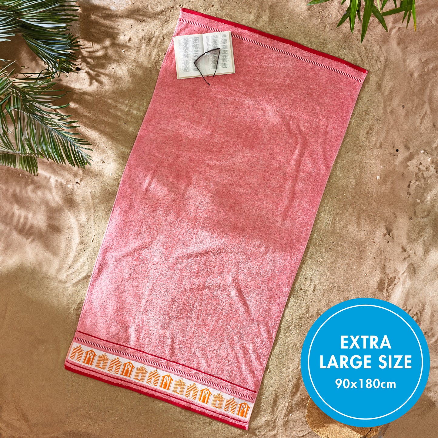 Beach Huts Cotton Extra Large Beach Towel in Coral by Catherine Lansfield