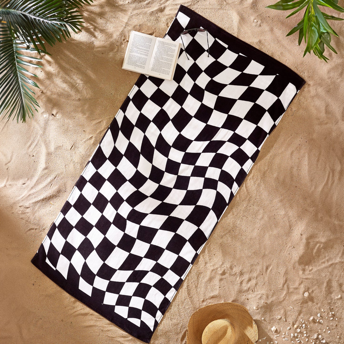 Checkerboard Cotton Beach Towel in Black White by Catherine Lansfield