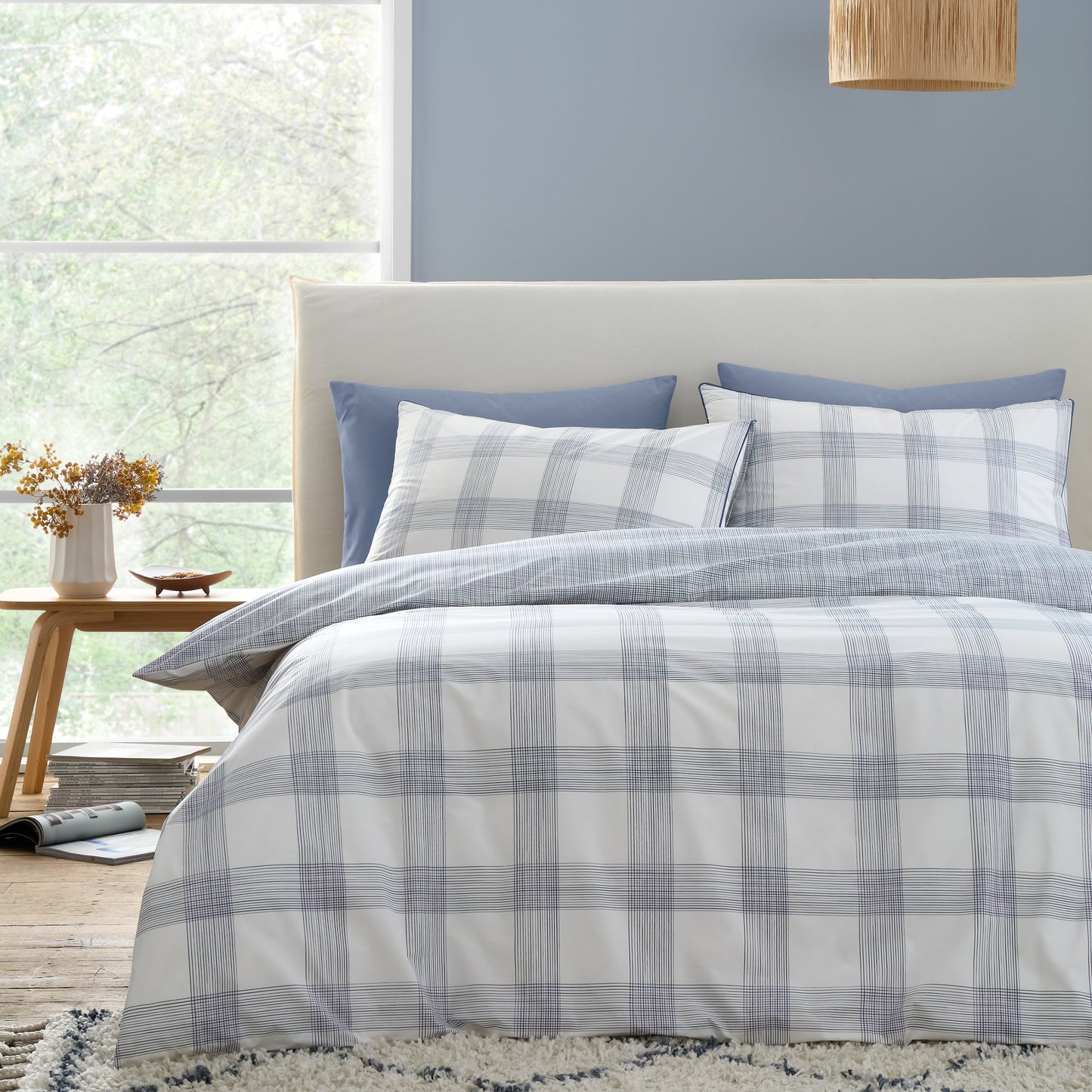 Marlow Check 200 Thread Count Cotton Percale Reversible Duvet Cover Set in Blue by Bianca