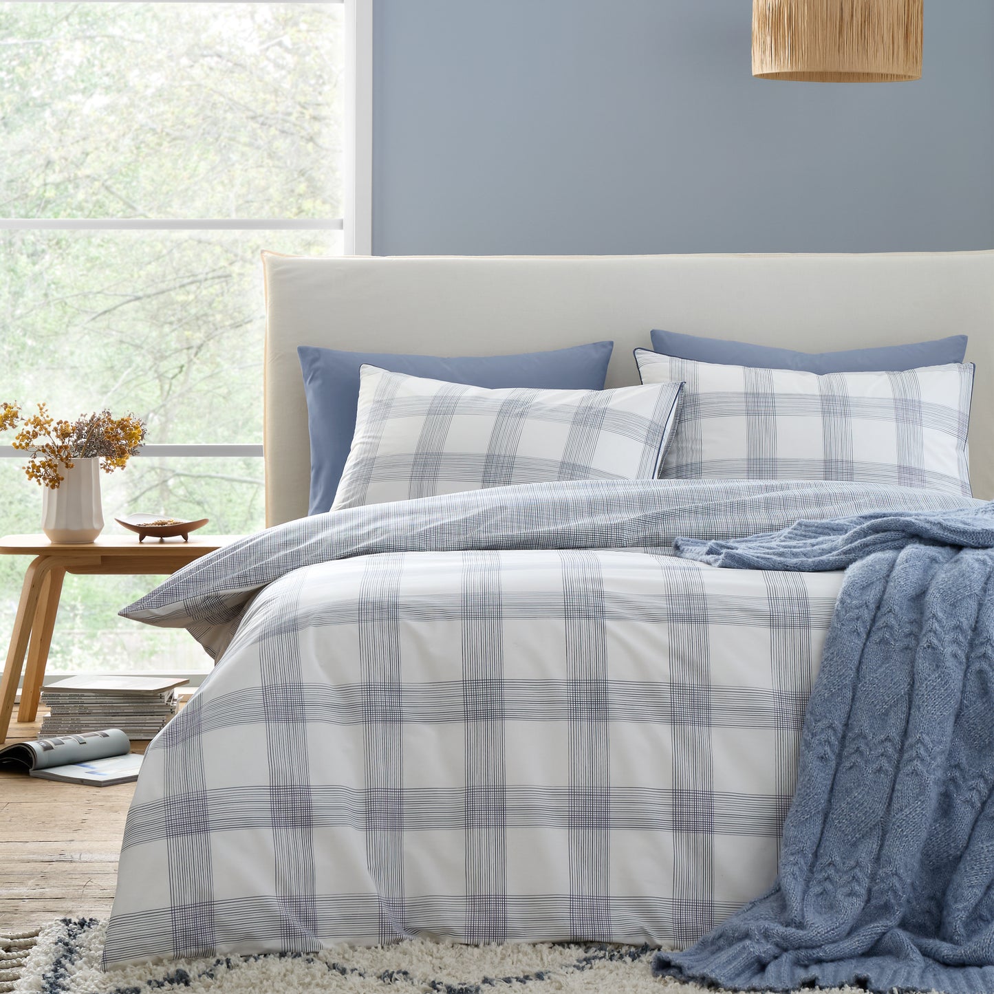 Marlow Check 200 Thread Count Cotton Percale Reversible Duvet Cover Set in Blue by Bianca