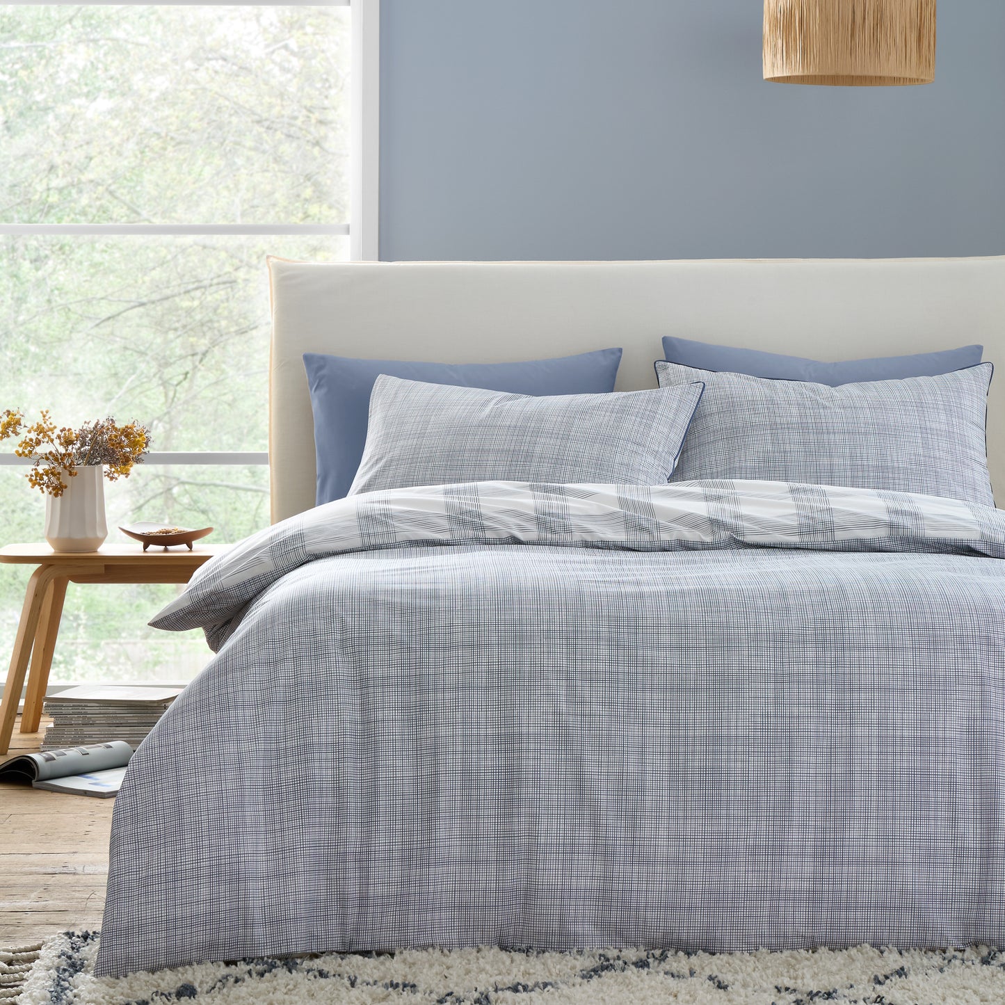 Marlow Check 200 Thread Count Cotton Percale Reversible Duvet Cover Set in Blue by Bianca