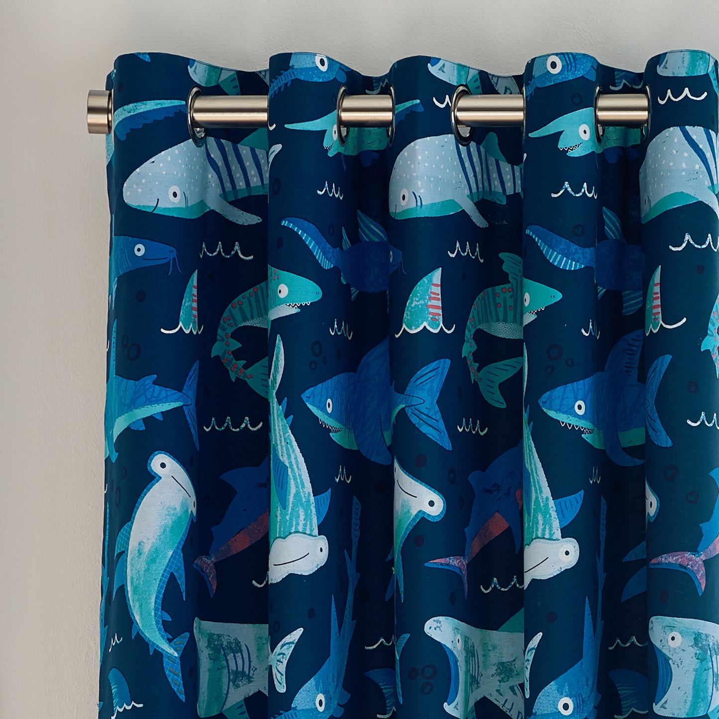 Jawsome Shark Fully Reversible Eyelet Curtain in Navy Blue by Catherine Lansfield Kids