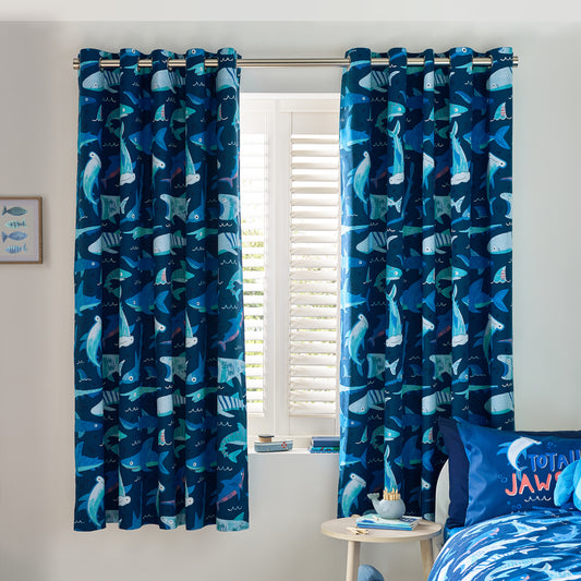 Jawsome Shark Fully Reversible Eyelet Curtain in Navy Blue by Catherine Lansfield Kids