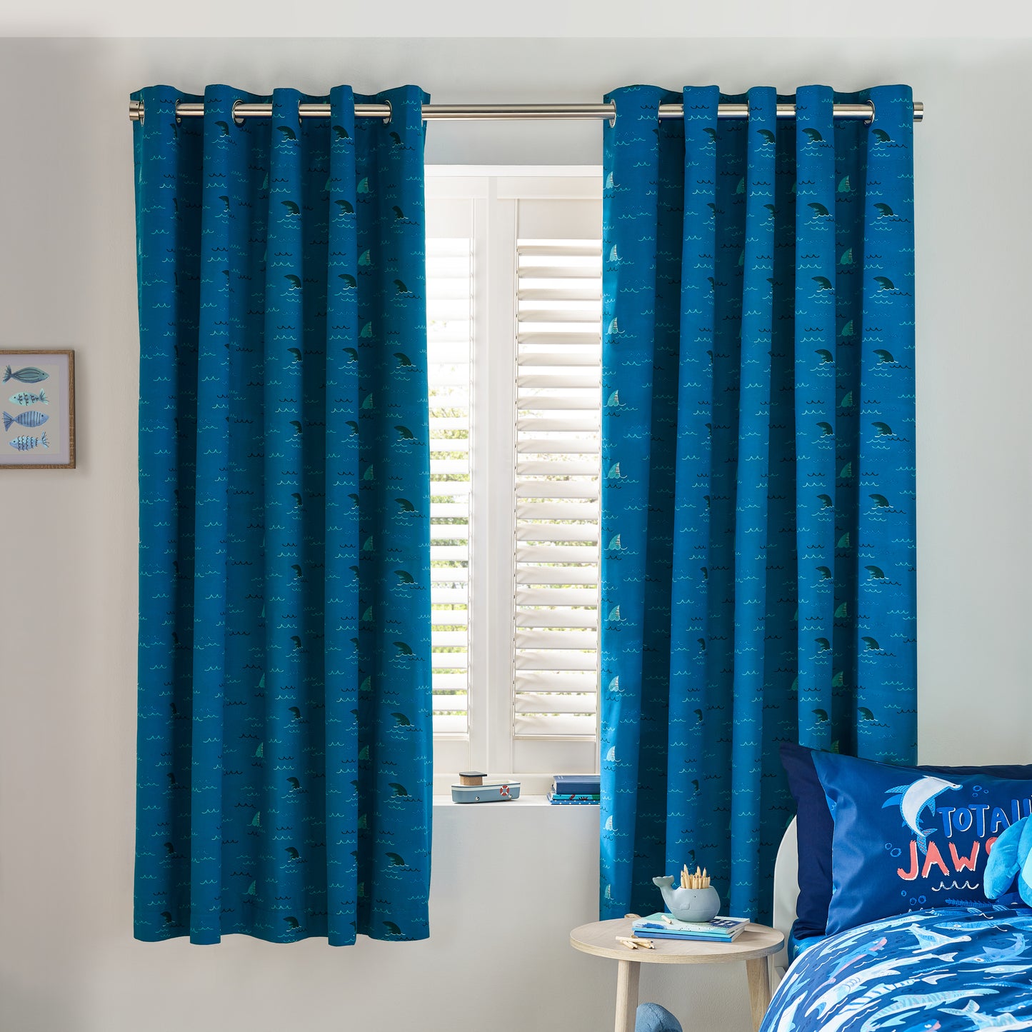 Jawsome Shark Fully Reversible Eyelet Curtain in Navy Blue by Catherine Lansfield Kids