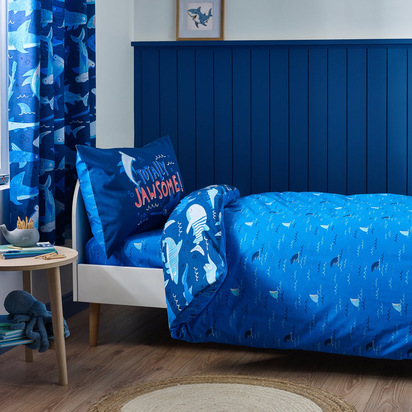 Jawsome Shark Reversible Duvet Cover Set in Navy Blue by Catherine Lansfield Kids