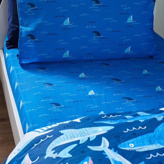 Jawsome Shark Fitted Sheet in Navy Blue by Catherine Lansfield Kids