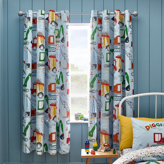 Digger Dreams Fully Reversible Eyelet Curtains in Blue by Catherine Lansfield Kids