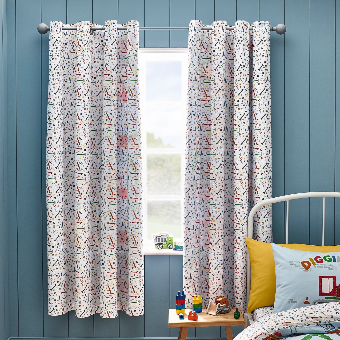 Digger Dreams Fully Reversible Eyelet Curtains in Blue by Catherine Lansfield Kids