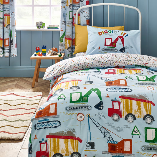 Digger Dreams Reversible Duvet Cover Set in Blue by Catherine Lansfield Kids